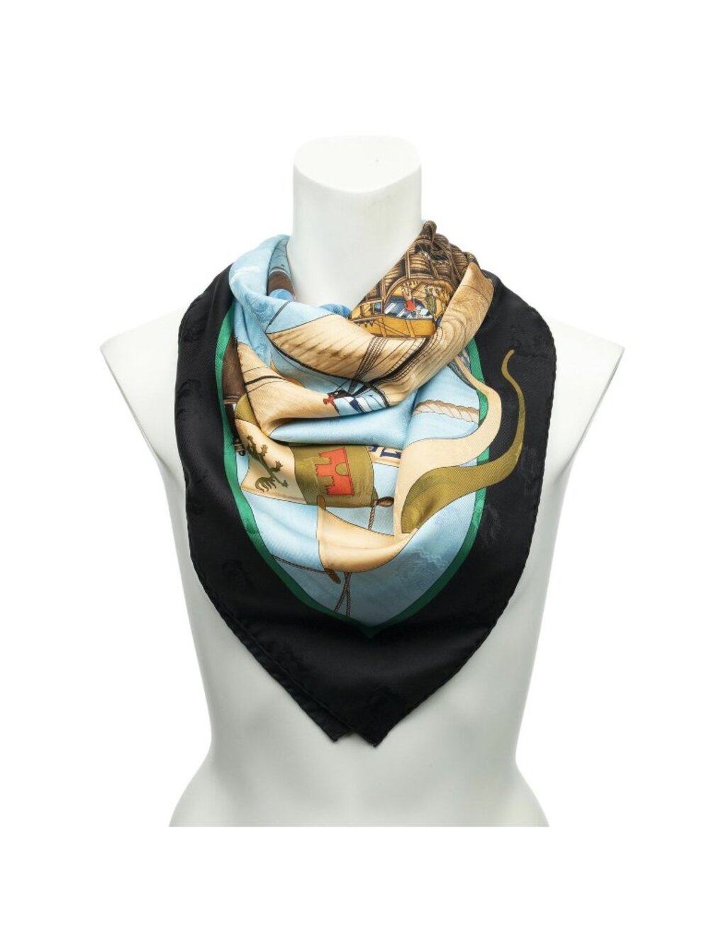 Hermes Scarf Light Blue Black Green Jacquard Silk